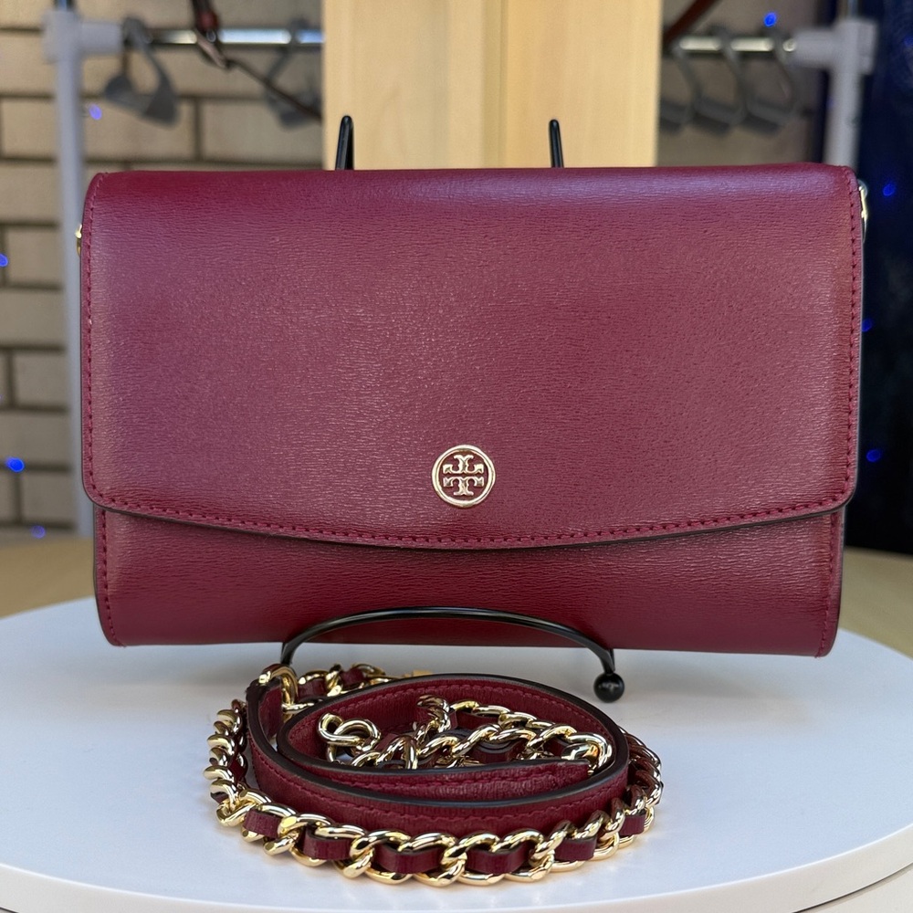 Tory Burch Wine Leather Crossbody with Gold Chain